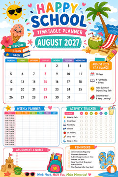  August 2027 Monthly School Planner and Study Timetable with Summer Beach Theme