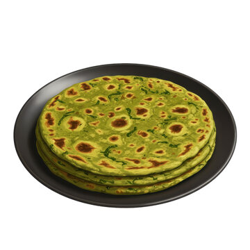 Stacked green paratha with brown spots on a black plate close up view isolated on white background