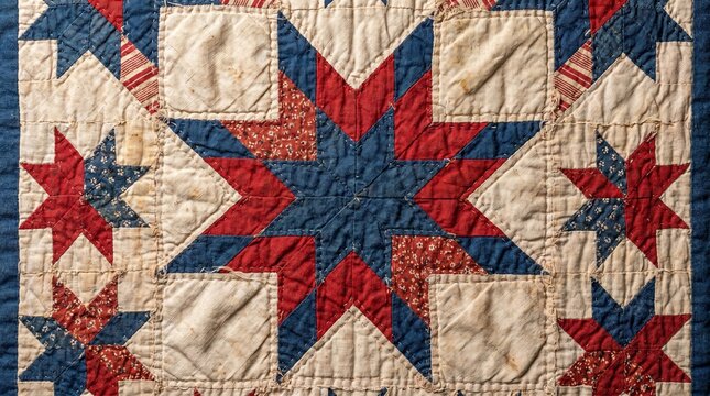 Vintage american quilt with red blue and white star pattern