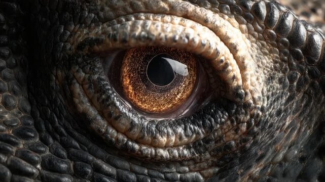 A detailed close-up of a reptile's eye showcases its intricate features, texture, and gaze