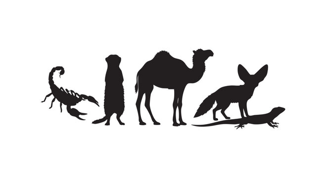 Desert wildlife animal silhouettes collection including scorpion meerkat camel fennec fox and lizard on plain background.