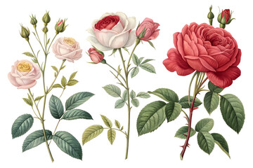 Naklejka premium Three detailed botanical illustrations of roses with green leaves and buds isolated on a transparent background