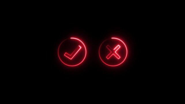 Neon Red Check and Cross Mark Icons Animation Loop on Black Background