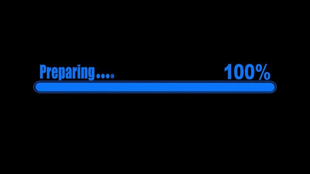 Blue loading bar progress indicator showing preparing task one hundred percent