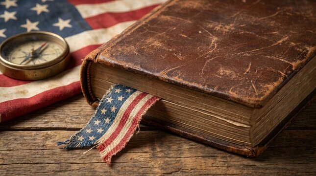 Vintage book with american flag bookmark and compass on wooden table symbolizing patriotism and knowledge