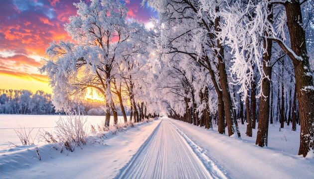 Serene winter forest path at golden hour with snow.