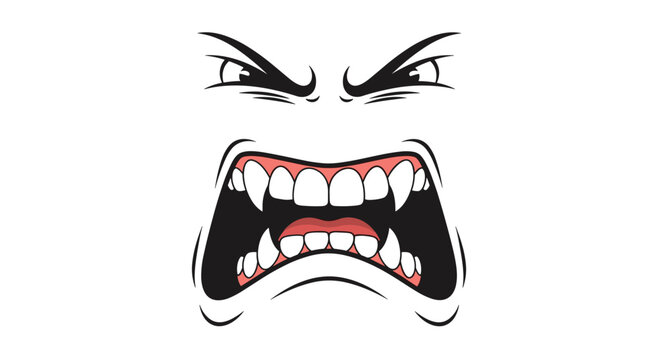Aggressive and angry cartoon facial expression featuring sharp fangs and furrowed brows in a bold black and white style.