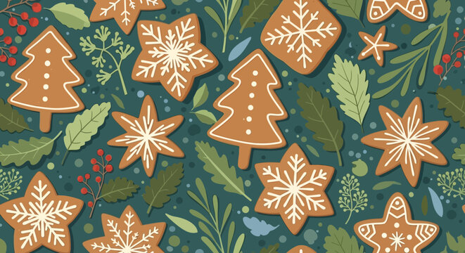 Christmas Gingerbread Cookies & Winter Foliage Seamless Pattern