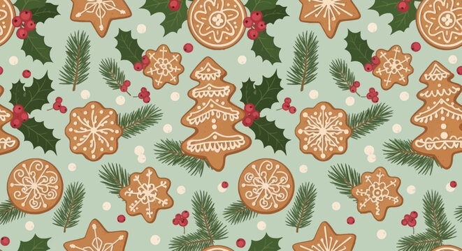 Christmas Gingerbread Cookies Seamless Pattern with Holly and Pine Branches
