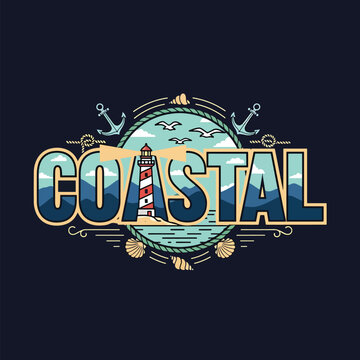 Coastal badge design with a lighthouse and nautical elements.