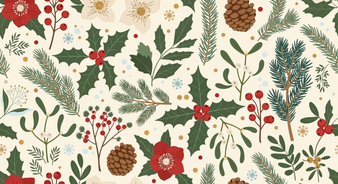 Festive Christmas Botanical Pattern: Holly, Pine Cones, Mistletoe & Winter Berries