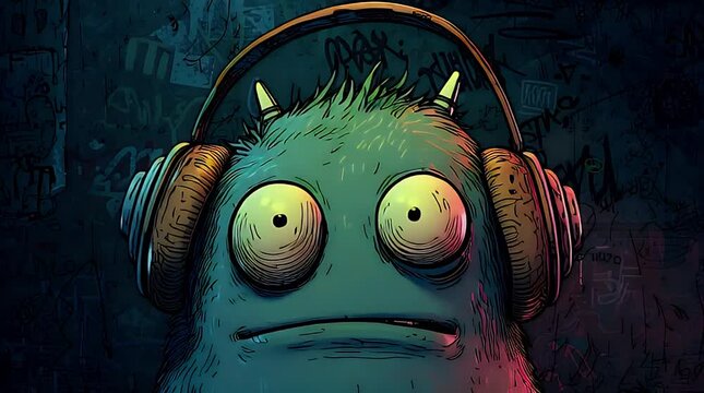 Goofy blue monster with headphones smiles wide against graffiti-covered wall