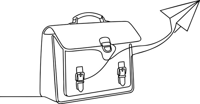 Black and white continuous line art of an open briefcase with a flying paper airplane, hollow vector illustration.