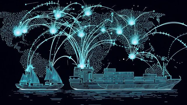 Futuristic glowing digital map of Earth with bright blue data flow lines showing global connectivity and communication networks at night