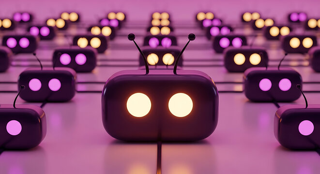 Crowd of futuristic artificial intelligence bots with glowing eyes arranged in rows for automation and bot farm concept intelligence artificial automation technology internet software cyberpunk
