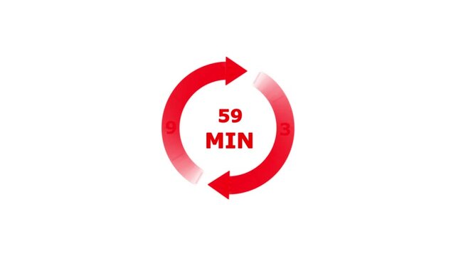 Red circular arrow timer showing fifty nine minutes duration with numbers twelve six nine and three on a plain white background for time tracking