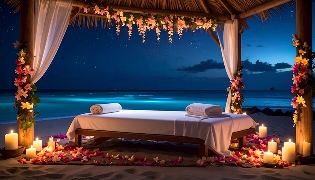 Romantic Beach Bed Setup with Candles and Flowers at Night.