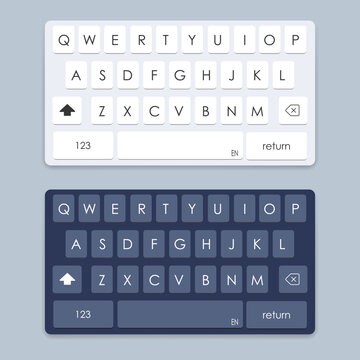 Smartphone keyboard. Mobile phone white and black screen keypad with english qwerty alphabet Light and dark buttons for device vector