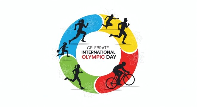 Multi-Sport Athlete Silhouettes in a Circular Olympic Day Emblem