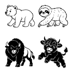 Obraz premium Cute wild animal cartoon silhouette collection with polar bear sloth bison and highland cow, funny black and white wildlife vector illustration isolated on white background