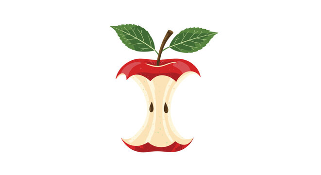 Detailed illustration of a red apple core with two green leaves on top showing seeds and signs of being eaten.