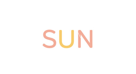 Fototapeta premium Simple typographic design of the word SUN written in soft pastel pink and yellow tones against a clean white background.