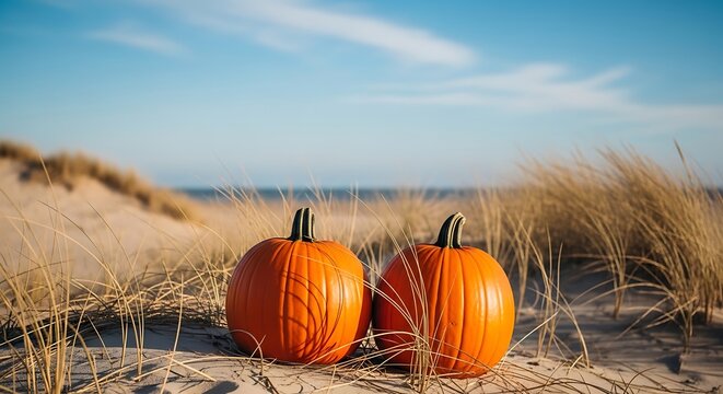 Autumn fall pumpkins on beach dunes seasonal harvest scene for thanksgiving and halloween decorations