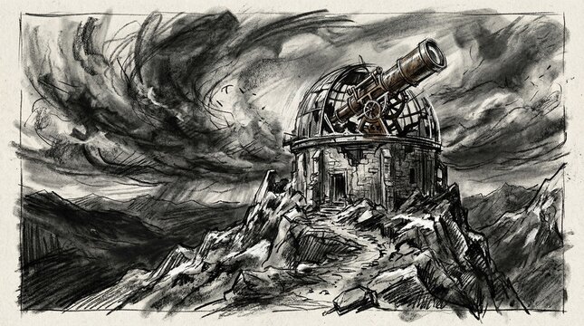Abandoned stone mountain observatory station dome with giant metallic telescope