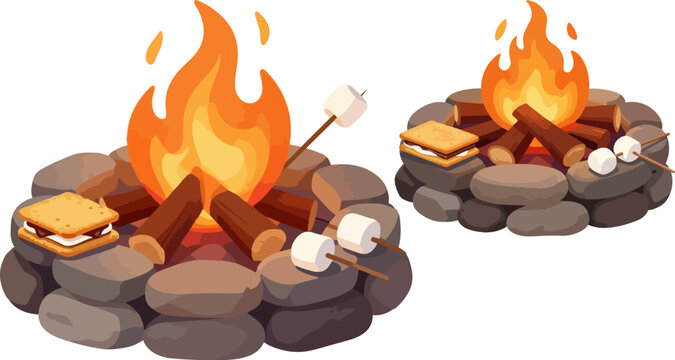 Campfire, outdoor cooking, vector illustration, fire pit, marshmallows, toasting