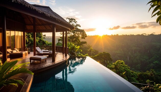 Tropical infinity pool with palm trees and sunset view.