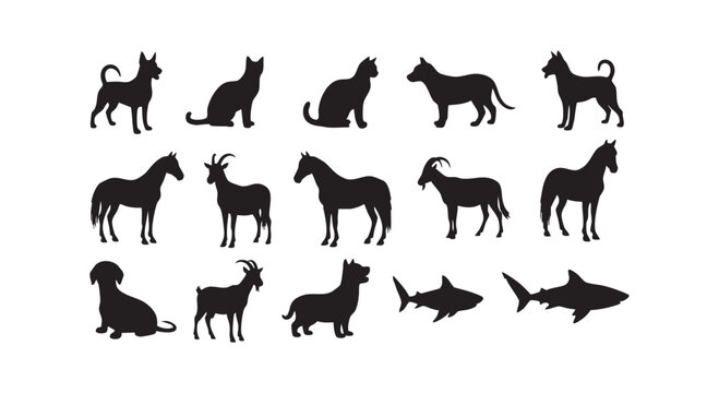 Diverse animal silhouettes featuring dogs, cats, horses, goats, and sharks in various poses for nature-themed designs.