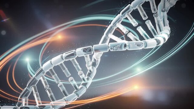 Glowing DNA helix rotating in futuristic lab with blue and orange light trails highlighting genetic research