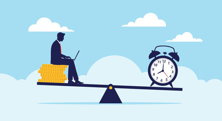 Fototapeta premium Silhouette of a businessman with a laptop balances a stack of gold coins against a large alarm clock on a seesaw in the sky.