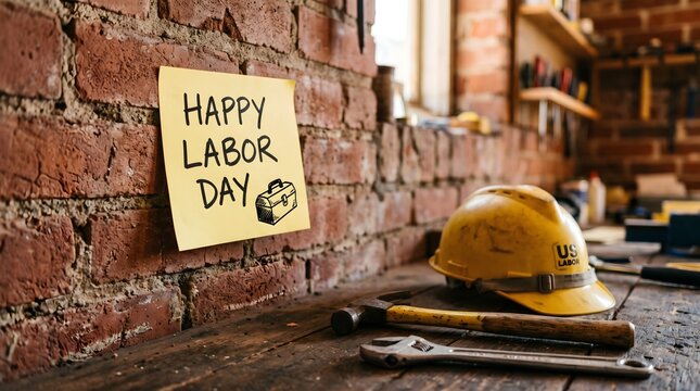 Happy labor day message on sticky note with construction tools and hard hat