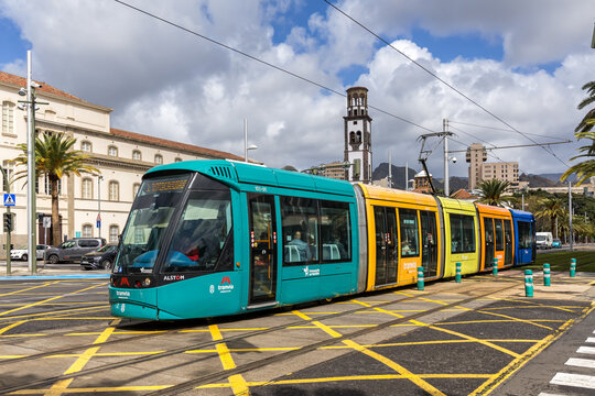 Alstom Citadis 302 light rail tram on line L1 public transport in Santa Cruz de Tenerife, Spain