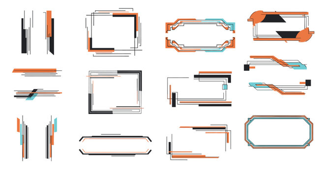 Collection of futuristic tech style frames and borders with orange and black accents for high technology and science fiction designs.