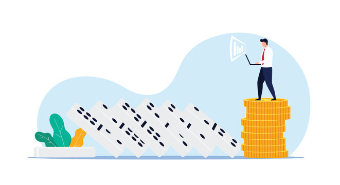Successful investor standing on stack of gold coins using laptop to analyze market crash and falling domino effect.