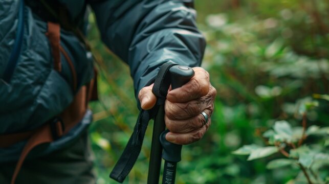 Hand grips sturdy trekking pole, steady in dense forest. Worn jacket, brown strap hint at rugged journey. Fingers show calluses from constant outdoor effort. Green leaves blur softly in background
