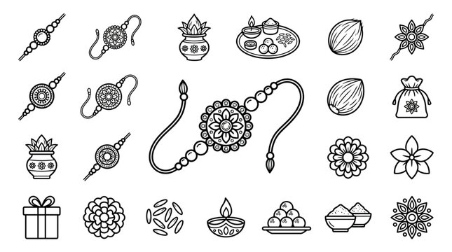 A collection of hand drawn line art icons representing the Indian festival of Raksha Bandhan.