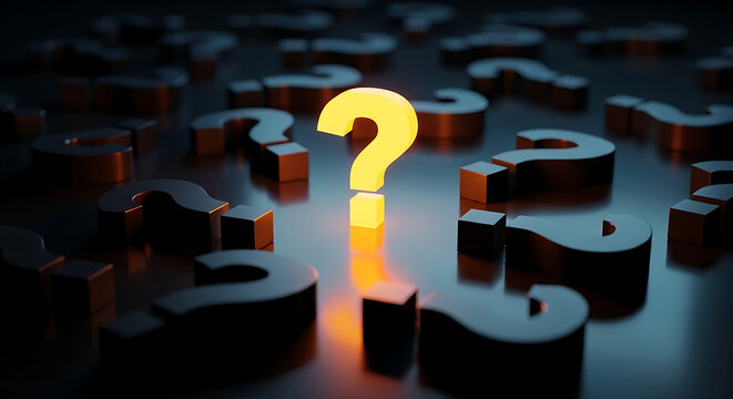 Glowing yellow question mark surrounded by many dark dull question marks curiosity confusion pondering thinking information research solution challenge background