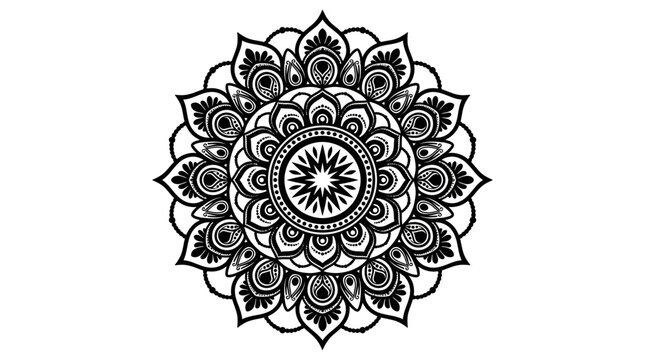A detailed black and white circular mandala pattern with intricate floral and geometric elements.