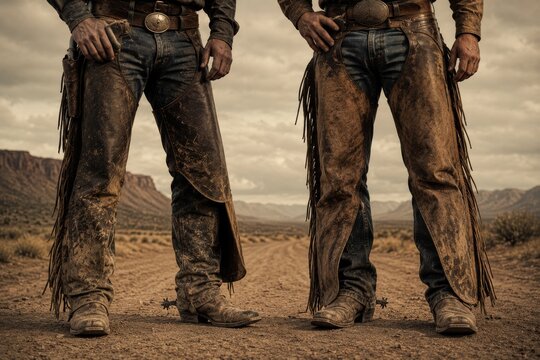 Two cowboys stand in a desert wearing chaps and boots with hands on hips.