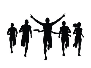 Fototapeta premium group of runners crossing finish line silhouette race athletes competition black white background active fitness sports marathon endurance teamwork victory celebration energy
