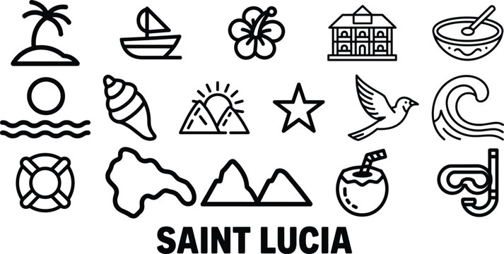 Saint Lucia travel and tourism icons set, featuring island, sailboat, pitons, hibiscus, coconut, map symbols, and palm tree, traditional house
