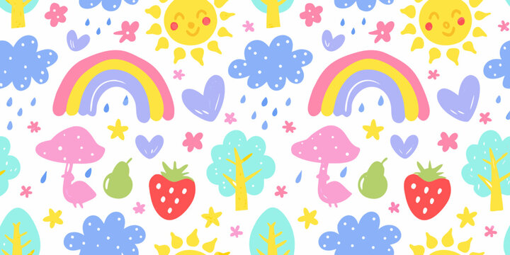 colorful whimsical seamless pattern with cute doodles