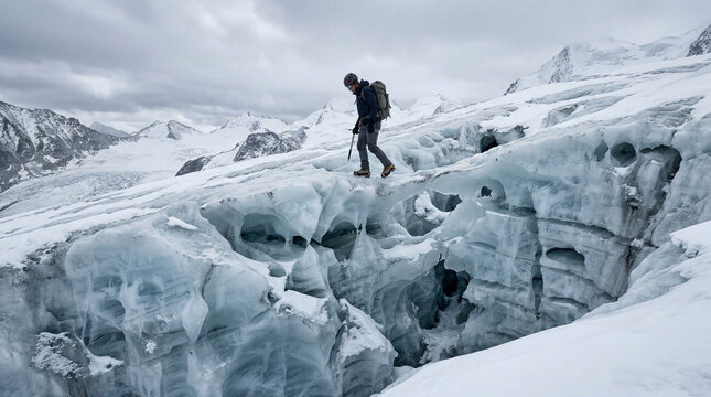 Mountain climber gingerly steps over a deep blue glacier, surrounded by immense snow capped summits on a cold day