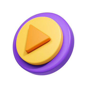 modern 3d rendered circular purple button with yellow center and orange triangular play symbol isolated on transparent background for digital media interface design