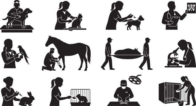 Animal Care and Veterinary Worker Silhouette Collection Featuring Livestock Handling, Treatment and Rescue Activities