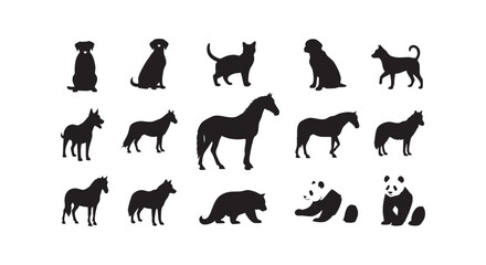 Obraz premium Domestic animal silhouettes collection featuring dogs cats horses bears and pandas for creative nature design and projects.