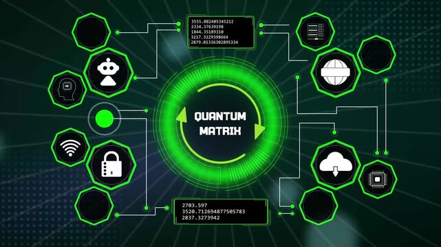 Futuristic abstract digital console showing active quantum matrix calculations for next generation secure servers